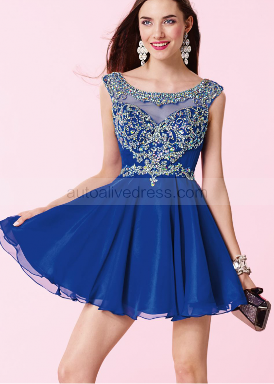 Royal Blue Chiffon Beaded Scoop Neckline V Back Knee Length Prom Dress